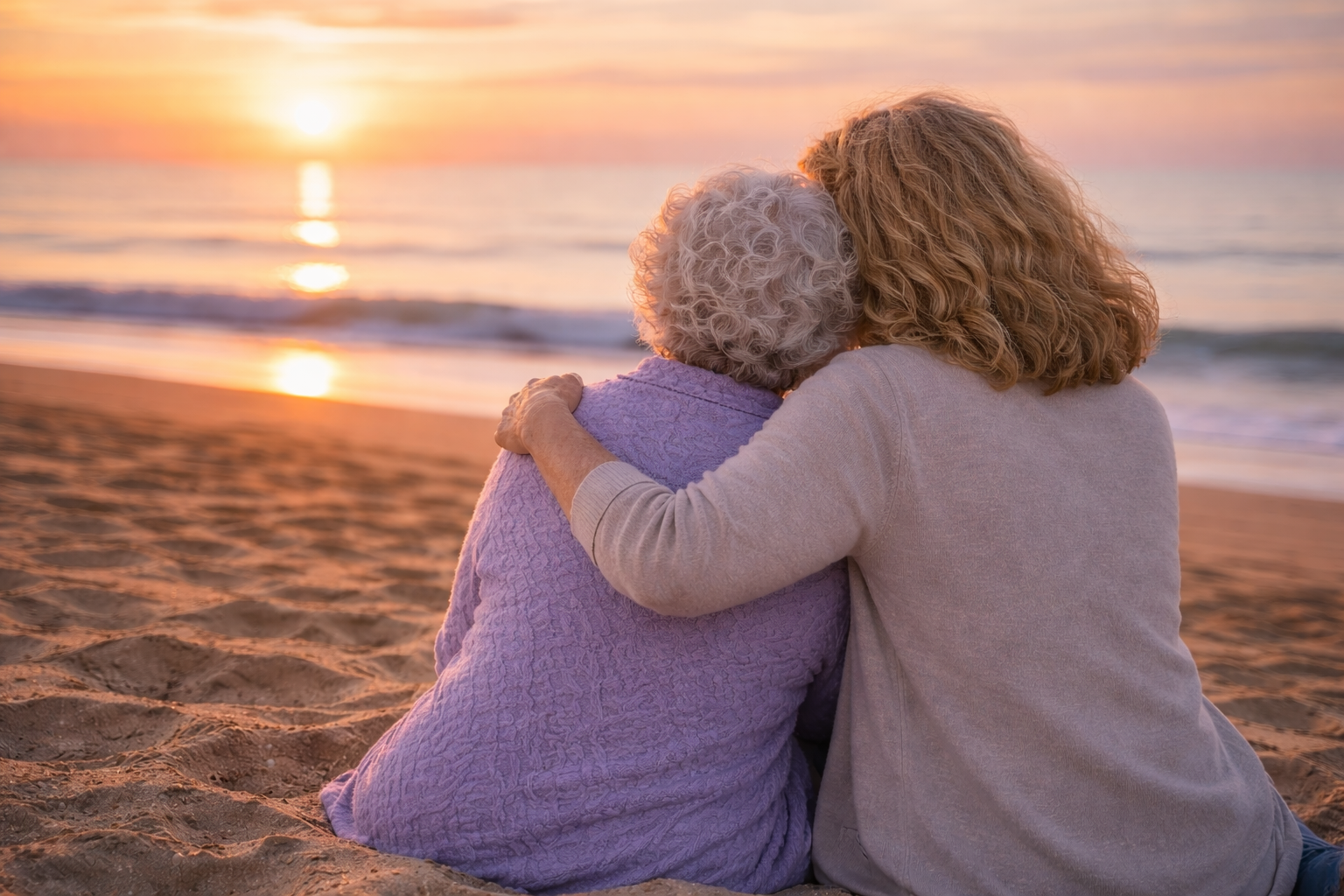 Lydia sitting with her mother on a beach at sunset, with her arm around her.