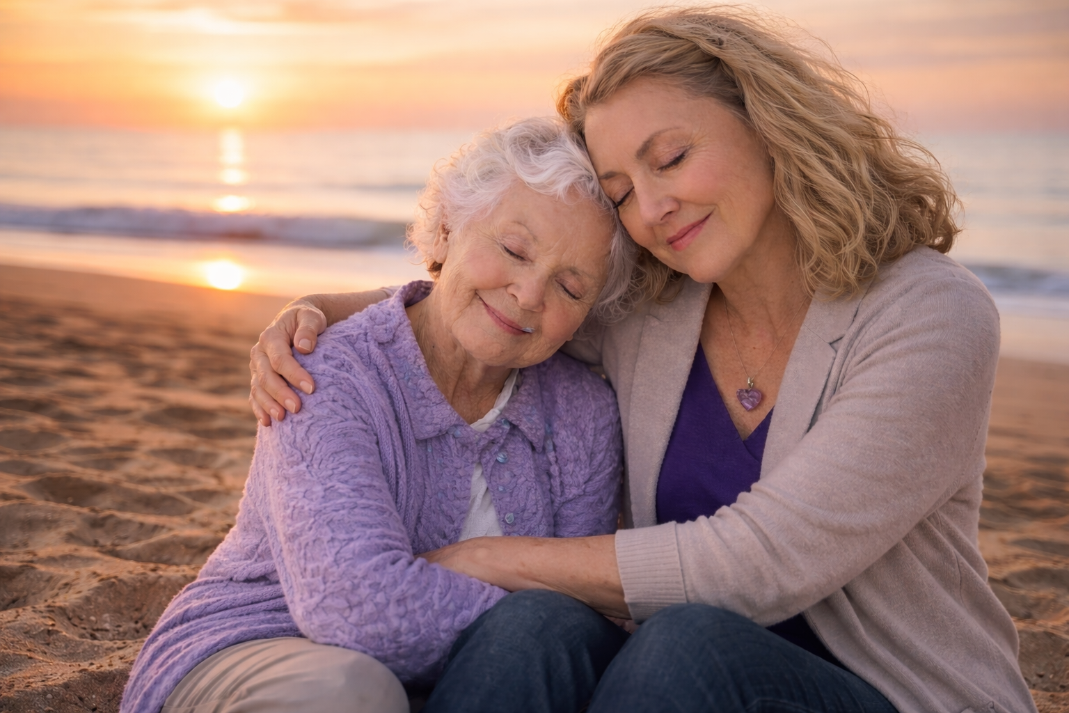 Lydia Dyhin and her mother sitting together on a beach at sunset.